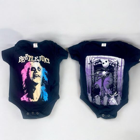 Lot Of 2 Baby Bodysuits Beetlejuice Jack Skellington 6M Cotton Halloween Goth - Picture 1 of 5